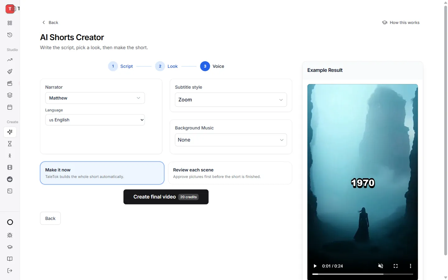 The Voice step with narrator, captions and music