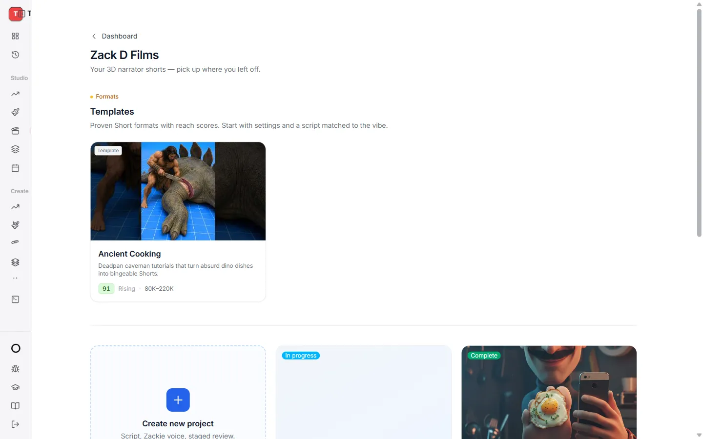 The Zack D Films projects page with templates